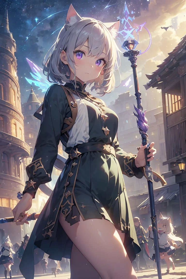 masterpiece,Highest quality,Super detailed,Highly detailed CG,High resolution,Highly detailed skin,Perfect Anatomy,Trick him?Fantastic details,Cowboy Shot,Purple eyes,lipstick,eyeliner,eye shadow,thin,Shiny skin,Medium chest,Bobcut,Silver Hair,Shiny Hair、(of Legends, Mythical Glowing Staff:1.6),(棒の先端はかわいい猫のFoot shapeをしています:1.6),(Look out for the cat-shaped stick:1.6),(Battle at the Demon Castle:1.5),The handle of the cane is smooth and fits comfortably in your hand..、There is a cat at the end of the road'Foot shape.。The paw pads are covered with a soft texture..、Feels warm to the touch。At the tip of the stick、It is decorated like a cat'nails.、The glow gives off a mysterious light。
The whole staff、Carved with ancient writings and magical symbols.、The design is mysterious and beautiful.。The stick is strong.、at the same time, Gives a sense of elegant energy.。Not only does it give its owner strength and protection,,、It exists as a source of wisdom and courage..。