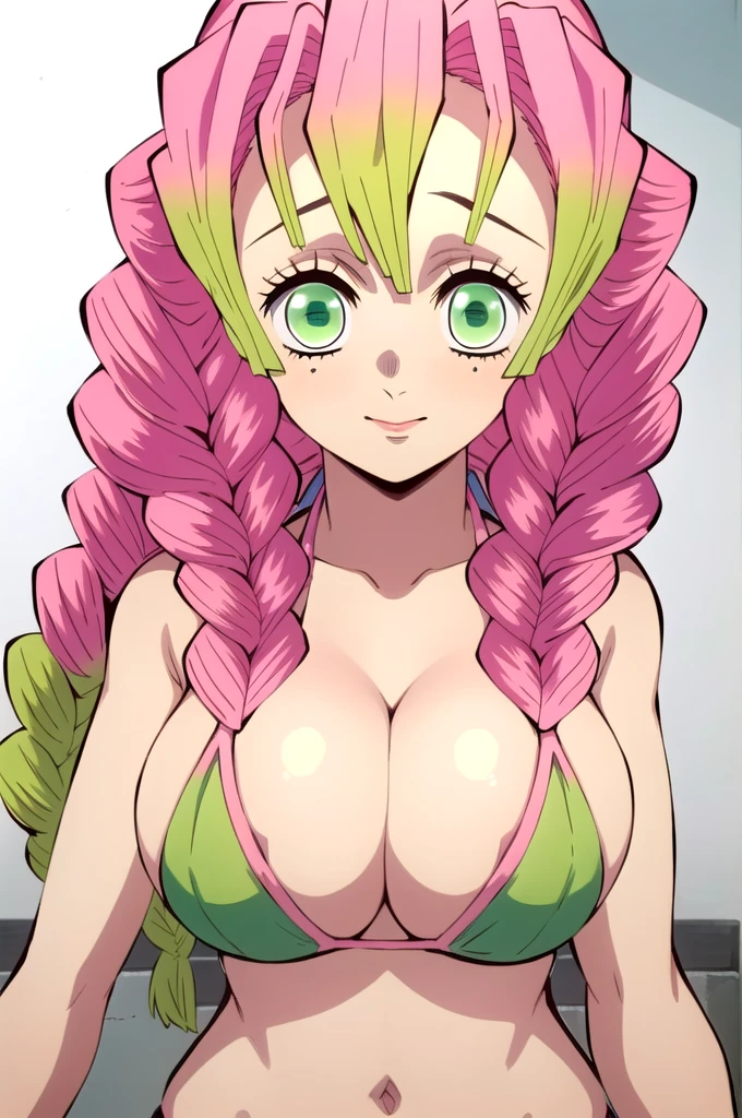 (masterpiece, best quality),  intricate details,
MitsuriKanroji,  kanroji mitsuri, 1girl, solo, upper body, long hair, winking, green eyes, pink hair, braid, green hair, twin braids, parody, large breast, huge breasts, bikini top, headshot, collarbone, neck, bare shoulders, pink bikini top, cleavage, in frame, peeker, top angle, shot from above, head shot, perfect shot, plain background, white background, photoshoot, complete head in frame, top of head