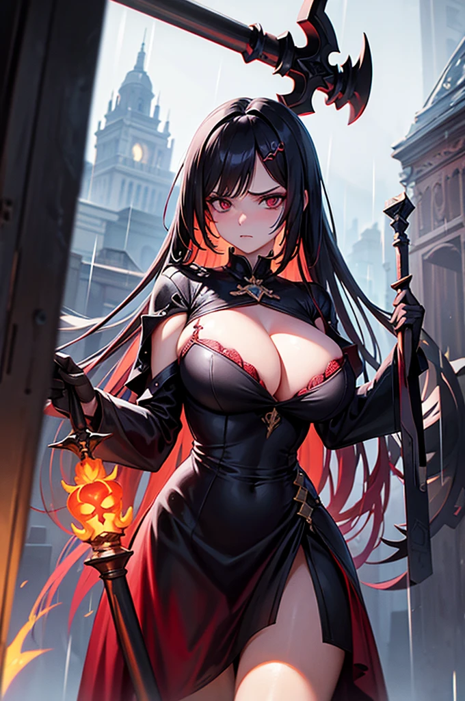 CovenSL, Ablaze, magie, mask, NinymGP, hair ornament, best qualityer, work of art, high resolution,breasts big,look of hatred,raining in the background,holding a staff