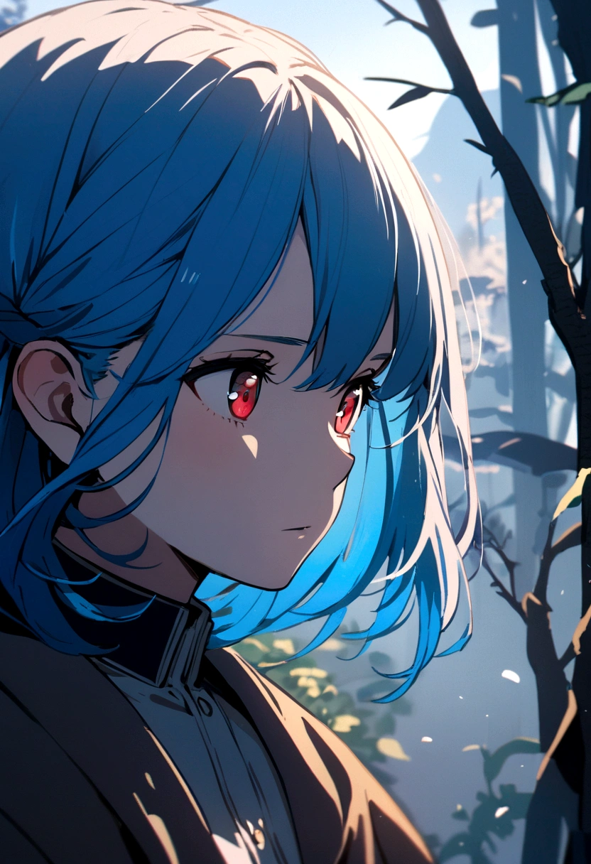 A girl with blue hair and red eyes