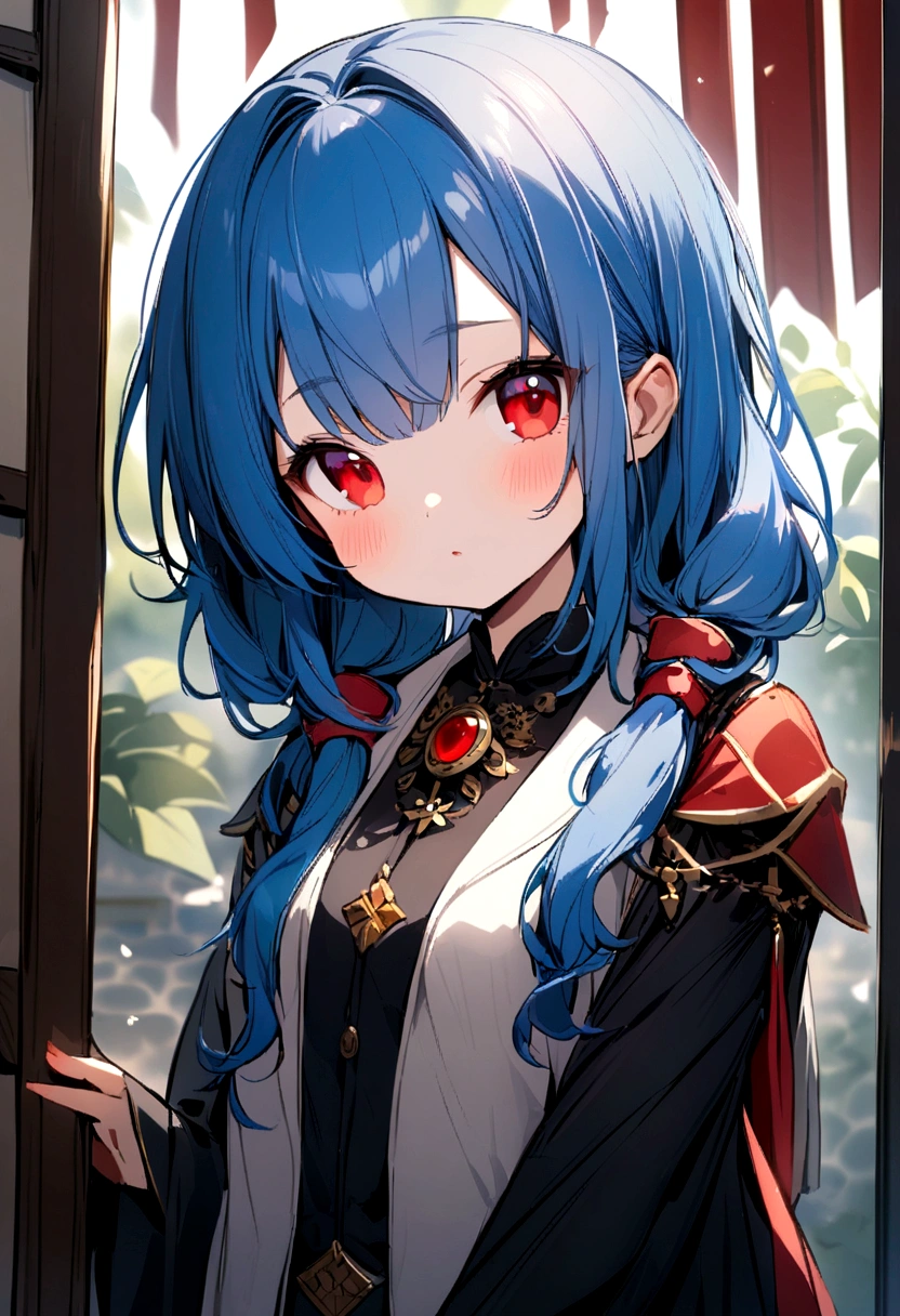 A girl with blue hair and red eyes