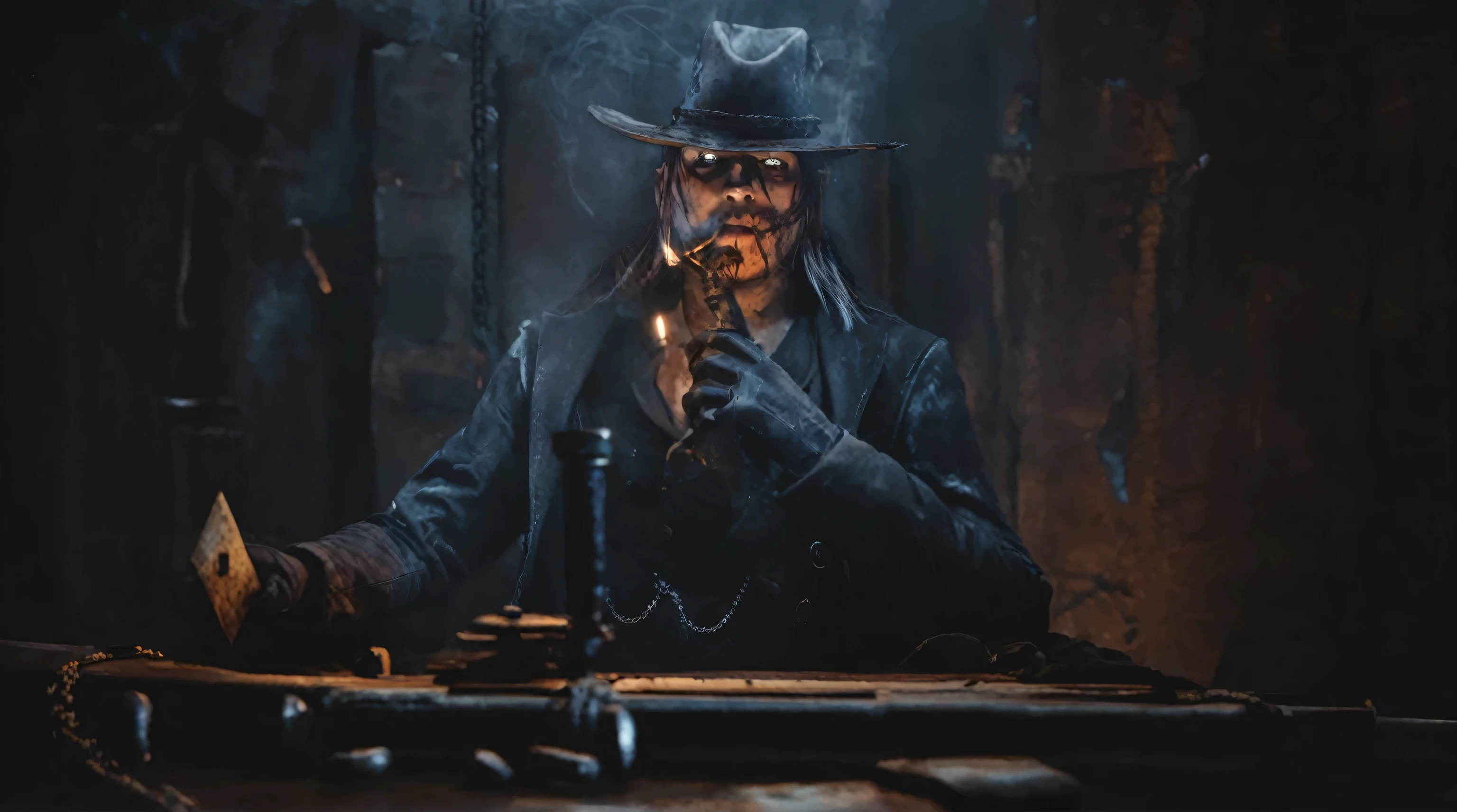 there is a man with a hat and a candle in a dark room, Portrait of a Bloody Hunter, Wild West, Jesse McCree, em red dead redention 2, strange west, badass composition, the cowboy in the strange west, post - apocalyptic cowboy, necromancer sitting at table, a skeleton smoking a cigar