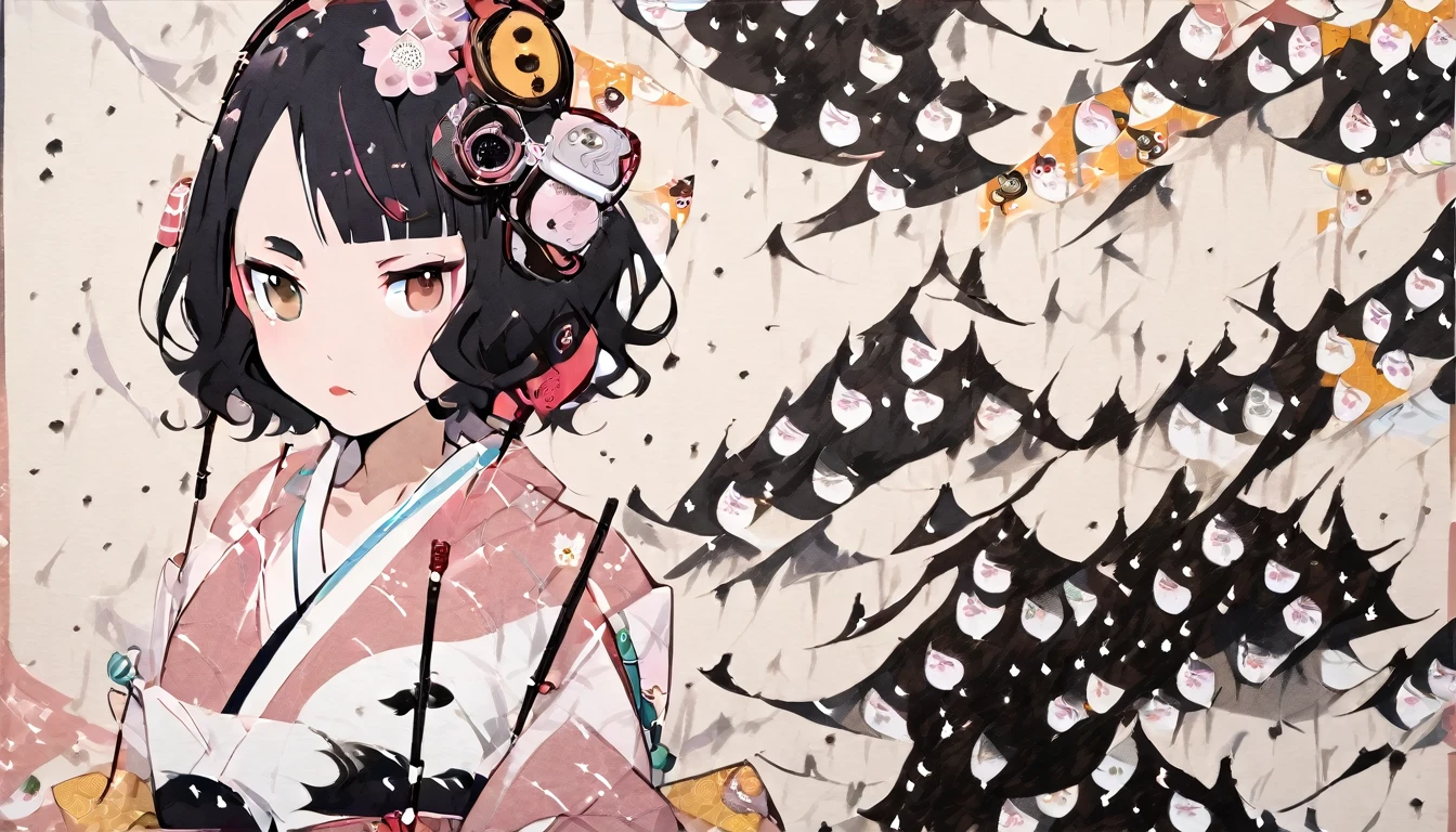 Highest quality, Katsushika Hokusai, Ink Painting, (((medium hair))), (((Brown Eyes)), (Pastel pink yukata))), Japanese style headphones, (((Cherry blossom))), beautiful girl, Black Hair, Delicate and precise, Modern ukiyo-e style,