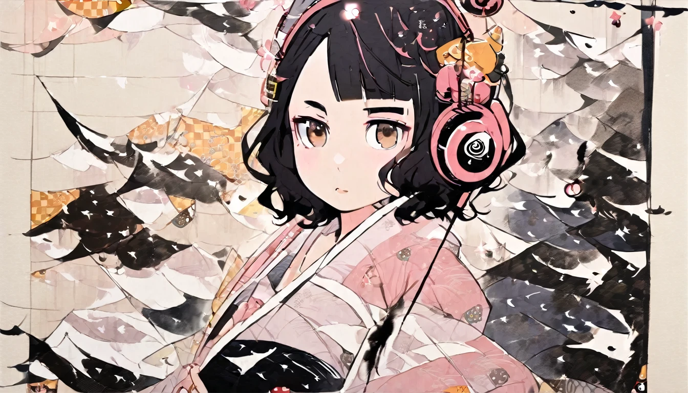 Highest quality, Katsushika Hokusai, Ink Painting, (((medium hair))), (((Brown Eyes)), (Pastel pink yukata))), Japanese style headphones, (((Cherry blossom))), beautiful girl, Black Hair, Delicate and precise, Modern ukiyo-e style,