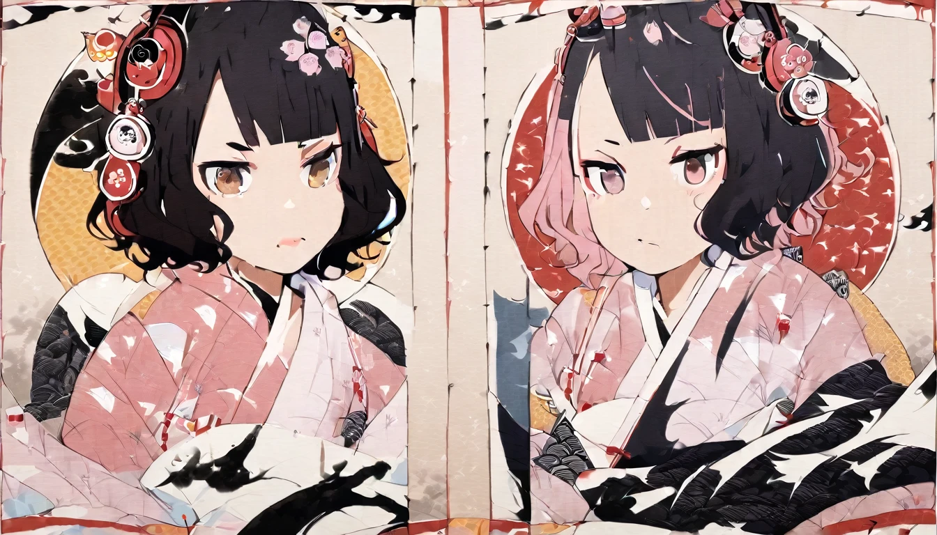 Highest quality, Katsushika Hokusai, Ink Painting, (((medium hair))), (((Brown Eyes)), (Pastel pink yukata))), Japanese style headphones, (((Cherry blossom))), beautiful girl, Black Hair, Delicate and precise, Modern ukiyo-e style,