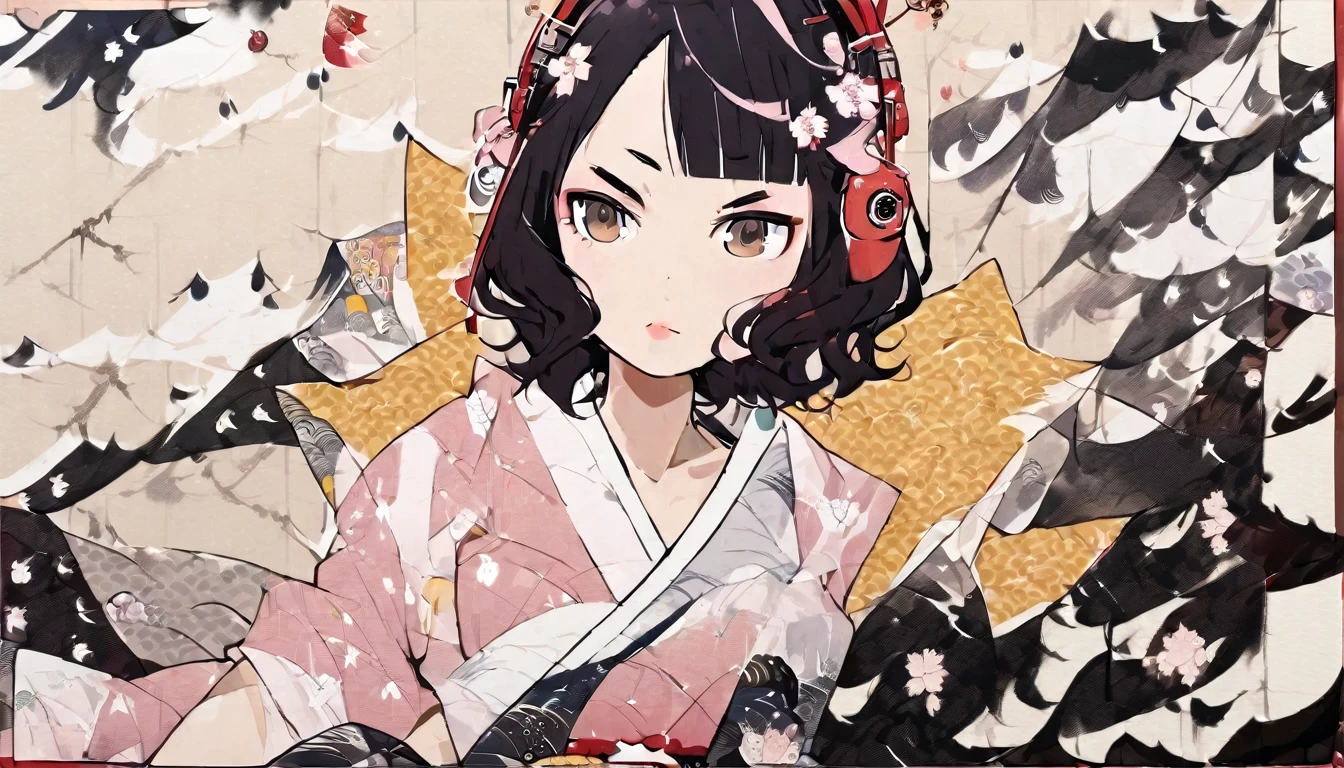 Highest quality, Katsushika Hokusai, Ink Painting, (((medium hair))), (((Brown Eyes)), (Pastel pink yukata))), Japanese style headphones, (((Cherry blossom))), beautiful girl, Black Hair, Delicate and precise, Modern ukiyo-e style,