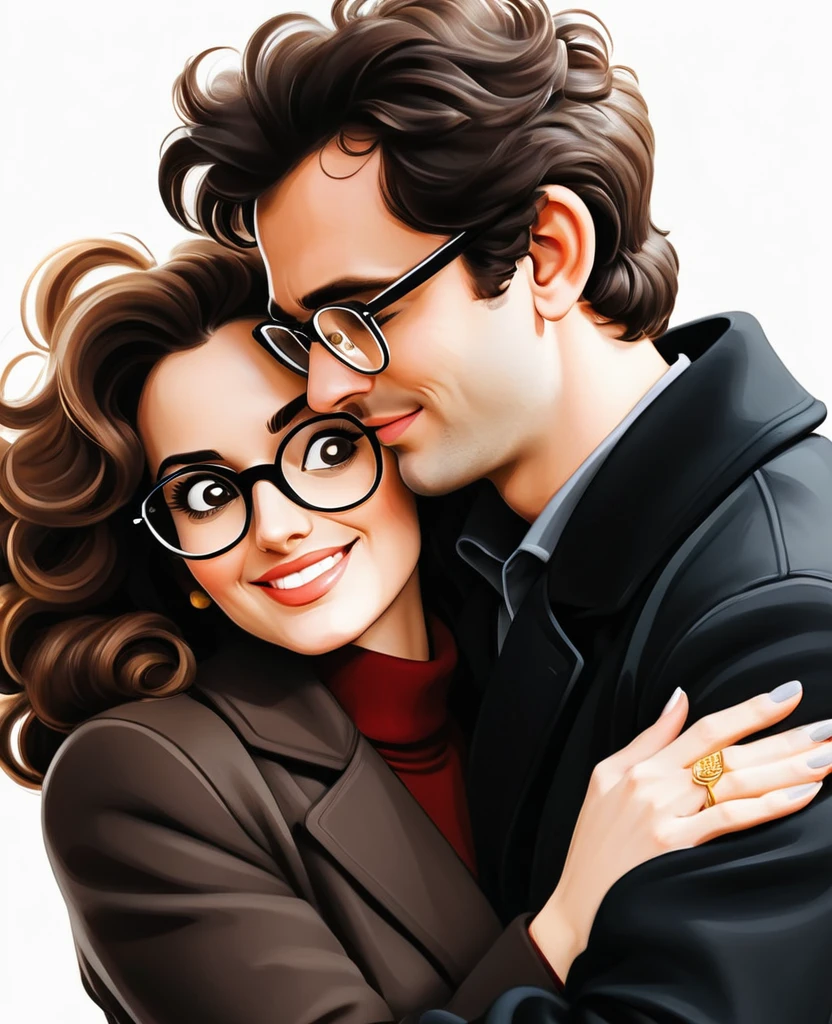 (drawing style) (adulto com 20 year:1.15), um casal, dressed in a black coat, are embraced in a warm embrace, The woman,curly brown hair, golden glasses. her right arm is draped over The man's shoulder,. The man, Black glasses, 20 year, has brown hair and a happy expression he wears a black coat, White background.