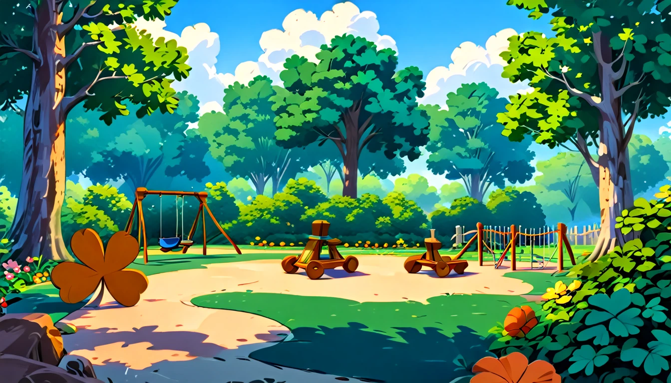 illustration, 3d, cartoon, shamrock, high resolution, high quality, detailed, masterpiece, hdr, sharp, a beautiful playground with trees and toys, BREAK score_9, score_8_up, score_7_up, score_6_up , amazing, beautiful, breathtaking, astonishing, brilliant, incredible,