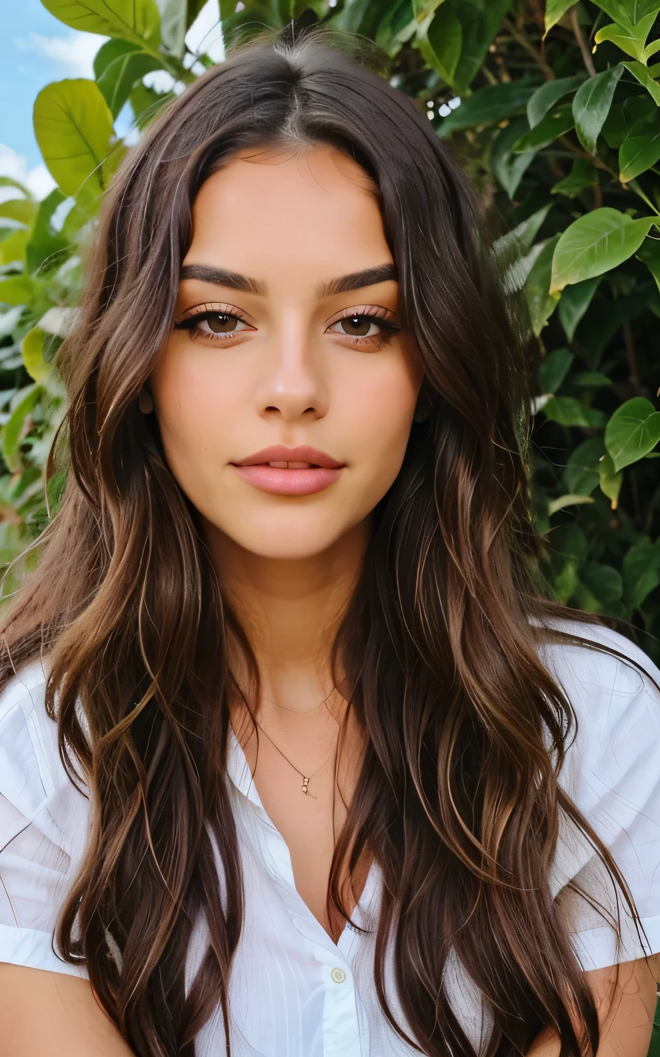 1womanl, longwavy hair, brown dark eyes, naturey, plants, sky