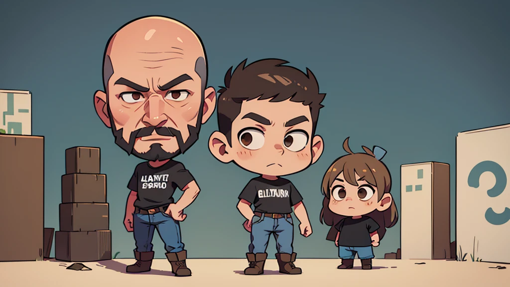 ultra hd, solo, chibi, bald man, tall lean, angular face, brown eyes, no hair on head, full black beard on face, wearing a gray t-shirt and jeans with cowboy boots standing