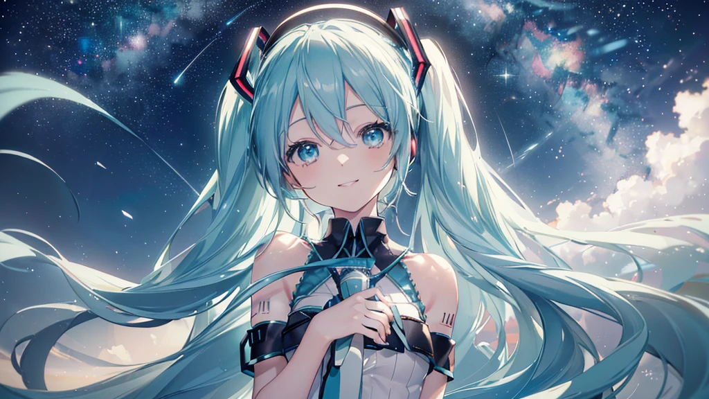 (Starry Sky), ((Beautiful eyes)), (((Hatsune Miku,The best smile))), (((Highest quality、masterpiece、Ultra-fine、Ultra-fine、Exquisite、16K、Full HD,))) 、Long eyelashes、White skin、(thin and long)、 ((cute)) ((One person)),Zoom out