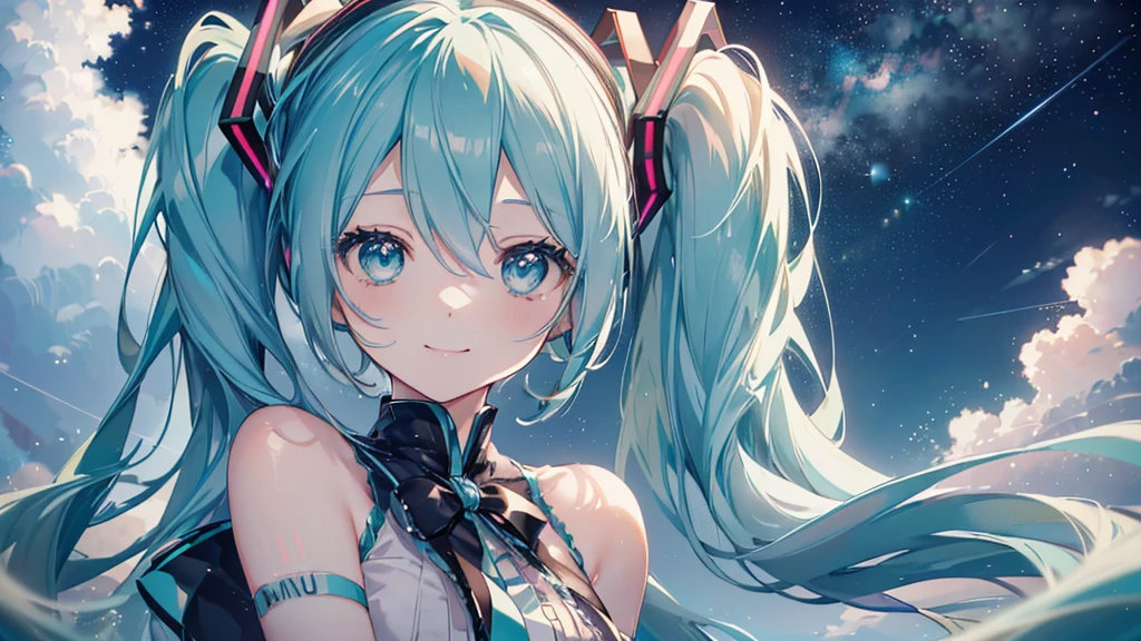 (Starry Sky), ((Beautiful eyes)), (((Hatsune Miku,The best smile))), (((Highest quality、masterpiece、Ultra-fine、Ultra-fine、Exquisite、16K、Full HD,))) 、Long eyelashes、White skin、(thin and long)、 ((cute)) ((One person)),Zoom out