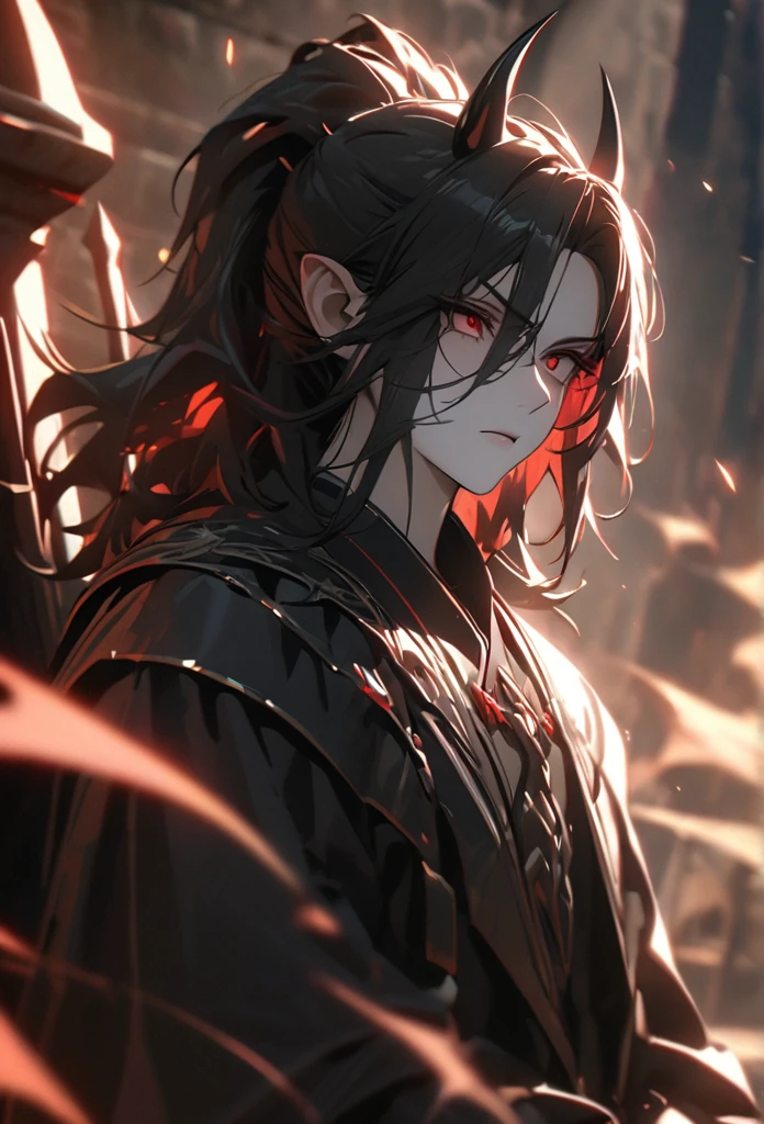 (solo), Demon lord, masculine, black hair, messy hair, mane hair, medium hair, A ponytail, dense hair, wild hair, expressive hair, mature,(25 year old), pale skin, red eyes, ((man)), wearing a black robe, black armor, black demon horns,, serious, handsome, attractive, eye reflection, depth of field, thunder aura,cinematic lighting, ray tracing, depth of field, cinematic lighting, ray tracing, UHD, high details, best quality, highres, high quality, award winning, super detail, masterpiece, 8k, UHD, high details, best quality, highres, high quality, award winning, super detail, masterpiece, 8k, digital art, anime coloring, full body, body shot, good face, perfect face, detailed face, good eyes, sitting on a throne