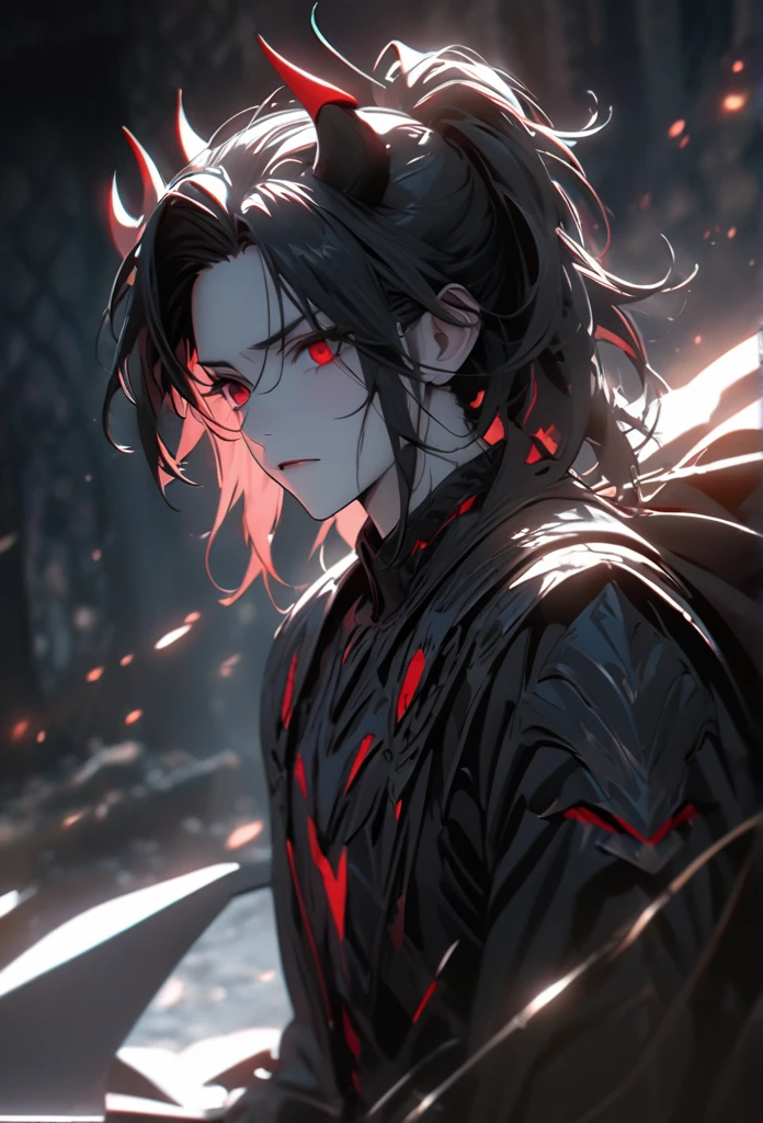 (solo), Demon lord, masculine, black hair, messy hair, mane hair, medium hair, A ponytail, dense hair, wild hair, expressive hair, mature,(25 year old), pale skin, red eyes, ((man)), wearing a black robe, black armor, black demon horns,, serious, handsome, attractive, eye reflection, depth of field, thunder aura,cinematic lighting, ray tracing, depth of field, cinematic lighting, ray tracing, UHD, high details, best quality, highres, high quality, award winning, super detail, masterpiece, 8k, UHD, high details, best quality, highres, high quality, award winning, super detail, masterpiece, 8k, digital art, anime coloring, full body, body shot, good face, perfect face, detailed face, good eyes, sitting on a throne