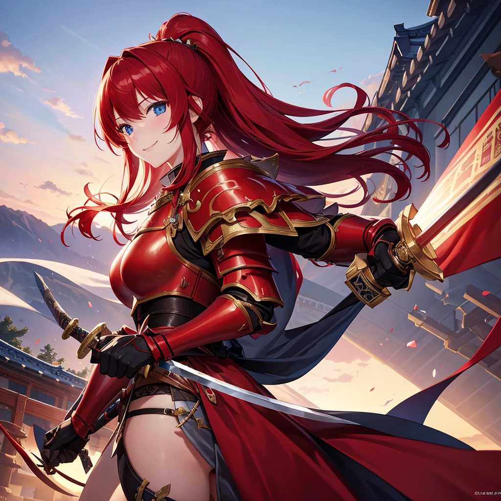 （masterpiece）、high resolution、21-year-old beauty、Red hair in a ponytail、blue eyes、female knight in red armor、An inappropriate smile、Holding a Japanese sword、With a big wolf by his side。