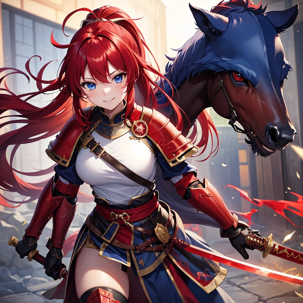 (masterpiece)、high resolution、21-year-old beauty、Red hair in a ponytail、blue eyes、female knight in red armor、An inappropriate smile、Holding a Japanese sword、With a big wolf by his side。