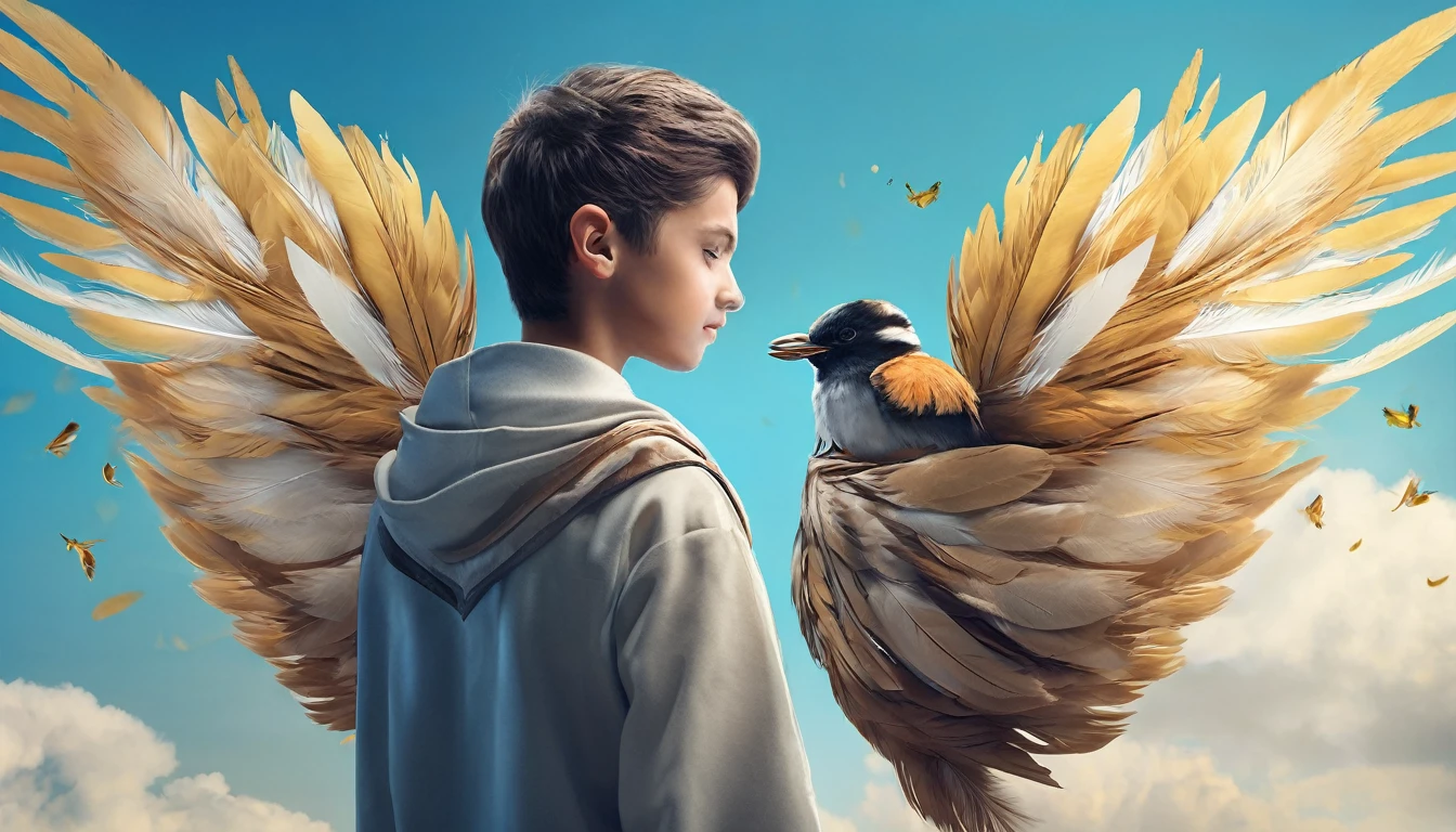 Create a professional, fantastic, cinematic Youtube Banner for a brand about music and stories called " Penamemoria". Masterpiece, 4k, sharp focus, highest quality,wide shot. The Background image is a world full of fantastic feathers, unique birds, light blue sky, soft white and touches of golden. Logo design of a half a boy, half a bird. Imagine the logo as a face symbol. Half is a boy, the other half is a bird feather