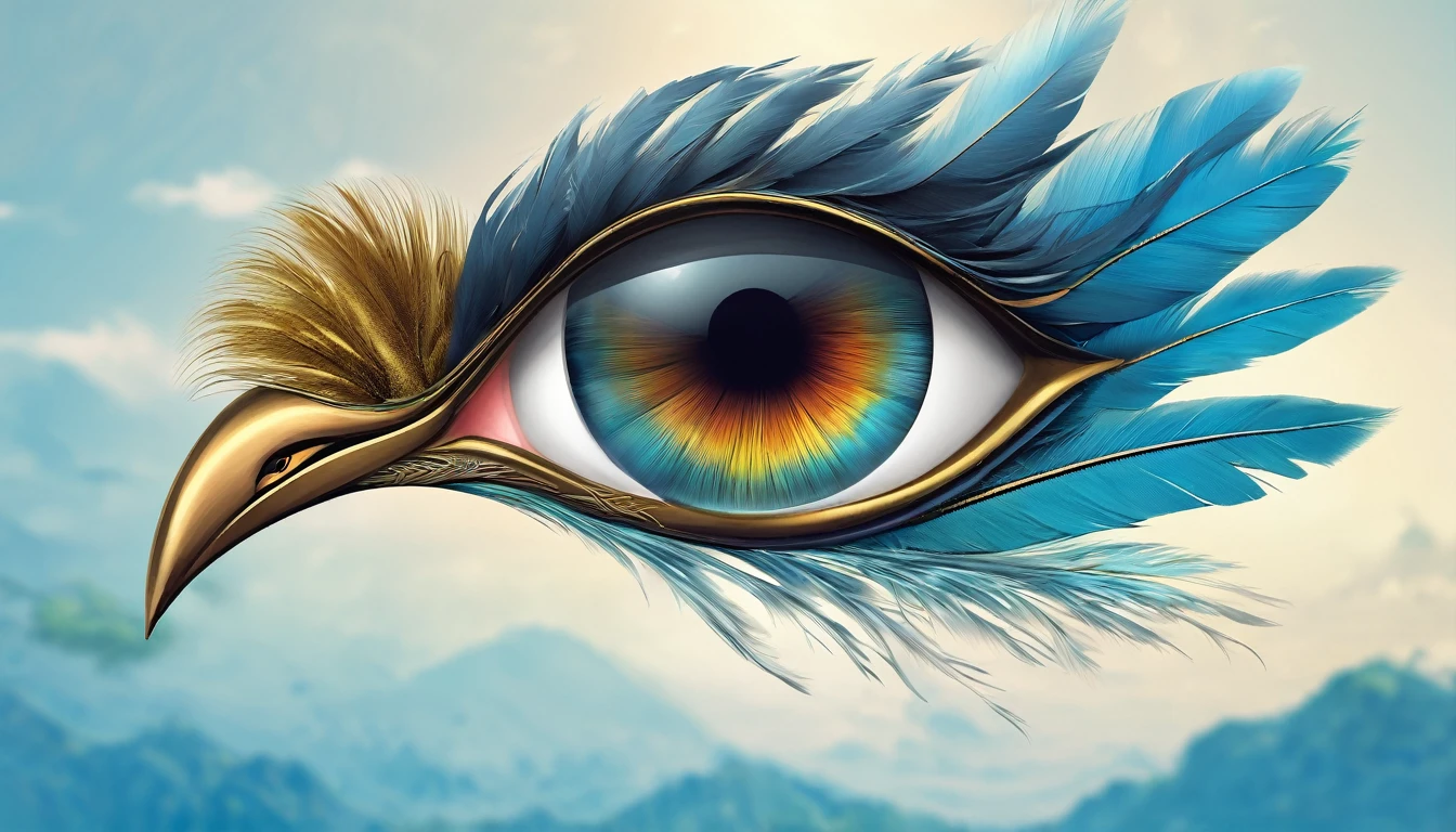 Create a professional, fantastic, cinematic Youtube Banner for a brand about music and stories called " Penamemoria". Masterpiece, 4k, sharp focus, highest quality,wide shot. The Background image is a world full of fantastic feathers, unique birds, light blue sky, soft white and touches of golden. Logo design of a half a boy, half a bird. Imagine the logo as a face symbol. Half is a boy, the other half is a bird feather