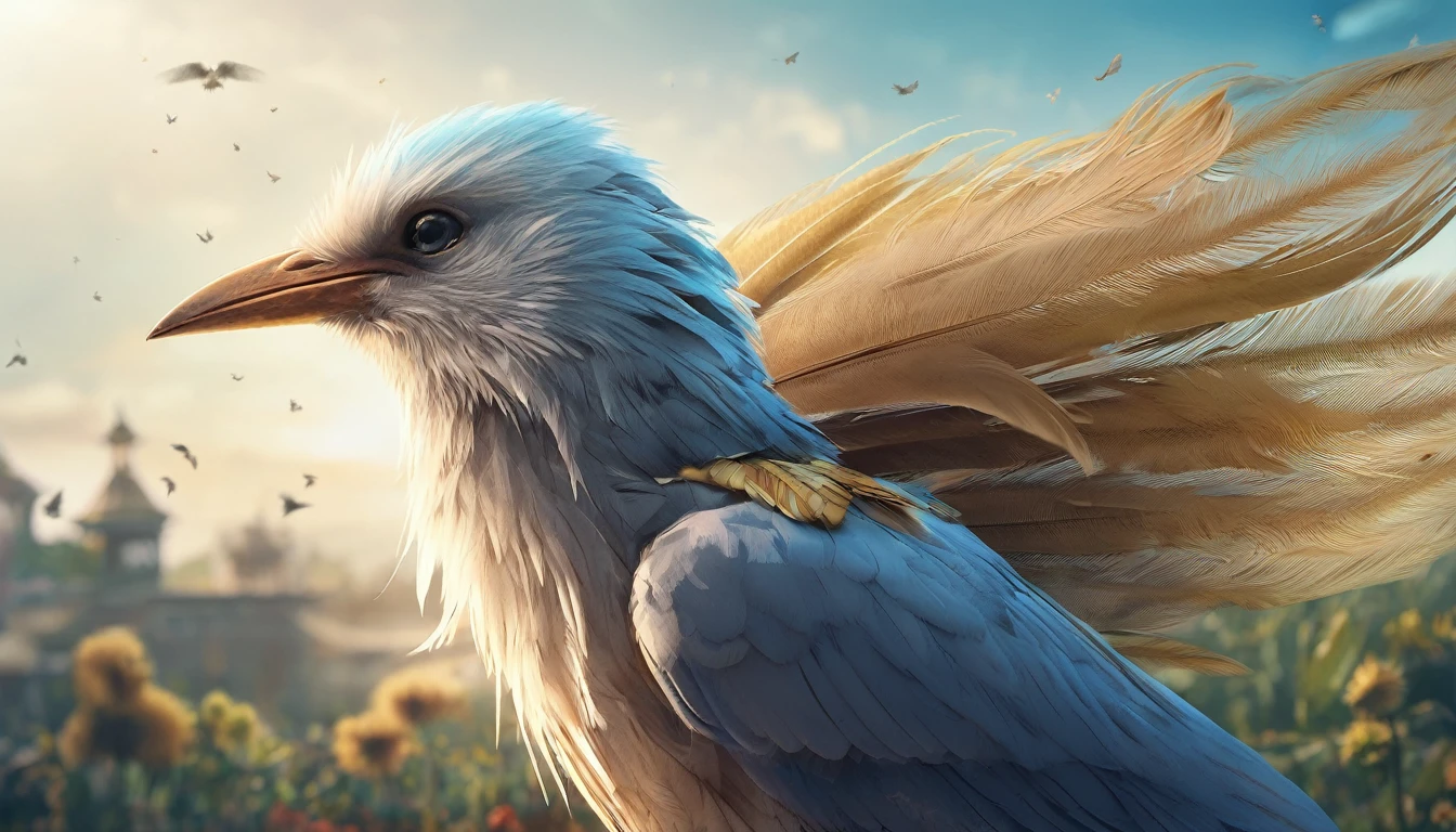 Create a professional, fantastic, cinematic Youtube Banner for a brand about music and stories called " Penamemoria". Masterpiece, 4k, sharp focus, highest quality,wide shot. The Background image is a world full of fantastic feathers, unique birds, light blue sky, soft white and touches of golden. Logo design of a half a boy, half a bird. Imagine the logo as a face symbol. Half is a boy, the other half is a bird feather