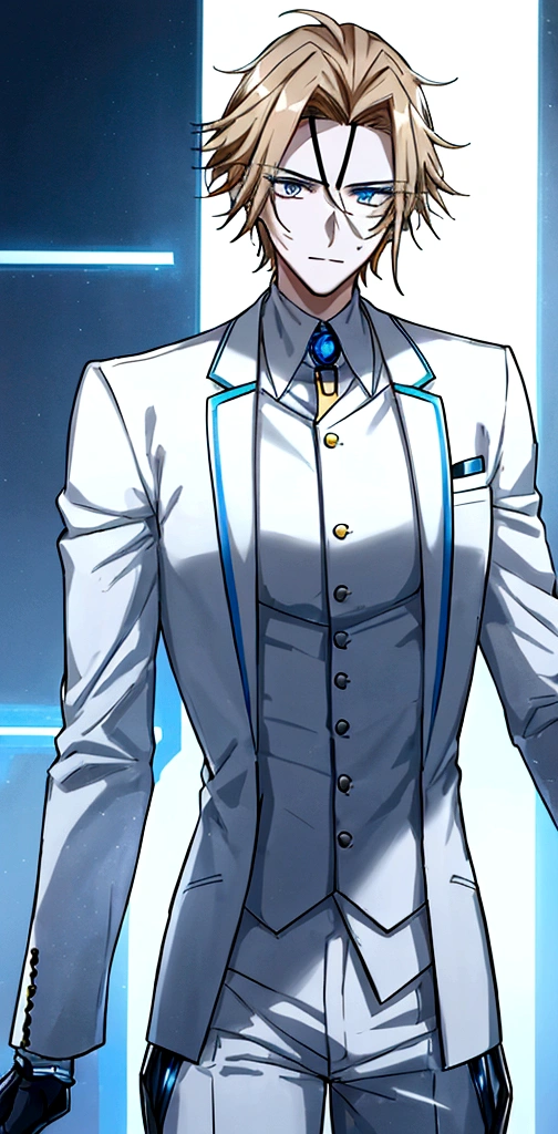 (masculine) (23 years) (a tall, slender young man with a muscular and toned body, His hair is light brown and is messy, covering his forehead., His eyes are blue and his skin is light-skinned..) (robotic body, fitted white suit with neon light blue details) (laboratory background)