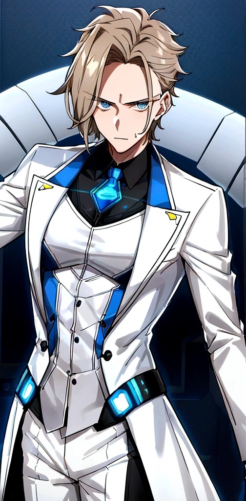 (masculine) (23 years) (a tall, slender young man with a muscular and toned body, His hair is light brown and is messy, covering his forehead., His eyes are blue and his skin is light-skinned..) (robotic body, fitted white suit with neon light blue details) (laboratory background)