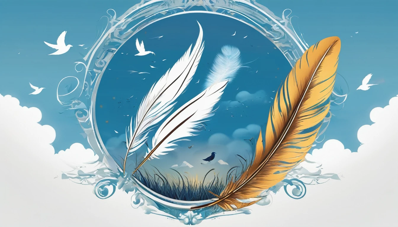 Create a minimalistic, simple, fantastic, easy to understand, logo design of a boy and a feather for an upcoming Brand called " Penamemoria". Create the logo in the center. A fantasy theme with birds and feathers as background, blue sky, white clouds. Use the colours light blue, white, golden in the logo. The logo design must convey a sense of storytelling, memories, dreams and music. Must convey a feeling of being a true Dreamer.