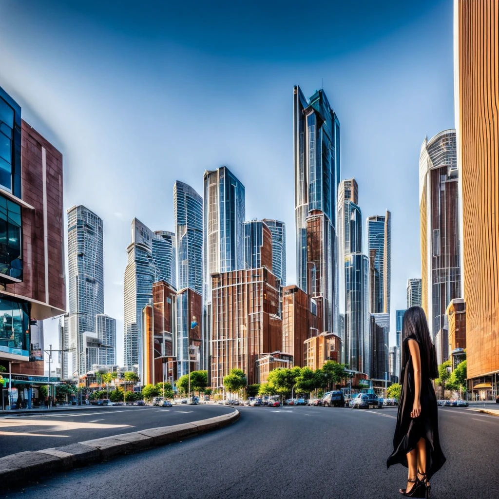 a woman, 1 person standing in the middle of a city street, wearing a black silk dress with Vshape to belly , blonde long hair,(best quality,4k,8k,highres,masterpiece:1.2),ultra-detailed,(realistic,photorealistic,photo-realistic:1.37),beautiful detailed eyes,beautiful detailed lips,extremely detailed eyes and face,longeyelashes,city background,urban landscape standing on the pavement,modern architecture,sunlight,natural lighting,cinematic,elegant,fashionable,atmospheric