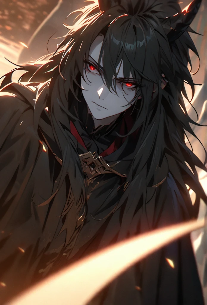 (solo), masculine, black hair, messy hair, mane hair, long hair, dense hair, wild hair, expressive hair, mature,(25 year old), pale skin, red eyes, ((man)), wearing a black robe, black demon horns,, serious, handsome, attractive, eye reflection, depth of field, thunder aura,cinematic lighting, ray tracing, depth of field, cinematic lighting, ray tracing, UHD, high details, best quality, highres, high quality, award winning, super detail, masterpiece, 8k, UHD, high details, best quality, highres, high quality, award winning, super detail, masterpiece, 8k, digital art, anime coloring, full body, body shot, good face, perfect face, detailed face, good eyes, sitting on a throne