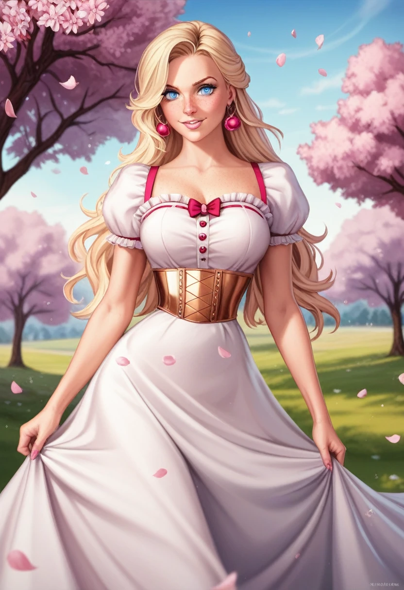 A beautiful sensual curvy blonde tween wearing a sweet Pink  Contrast Mesh, Ruffle Hem, All Over cherry blossoms Print, A Line, Short puff Sleeves, Sweetheart neckline, thin gold belt with tiny heart buckle, High Waist,Flounce hem Long gown, very long curling hair, cute, sweet, town picnic, warm  atmosphere, pretty, pretty lighting, 8k, octane render, detailed, detailed background, 35mm, realistic, photorealistic, perfect face, cherry blossoms barrettes in hair, freckles, risqué poses, ((American face)), American, ((Billie Eillish))