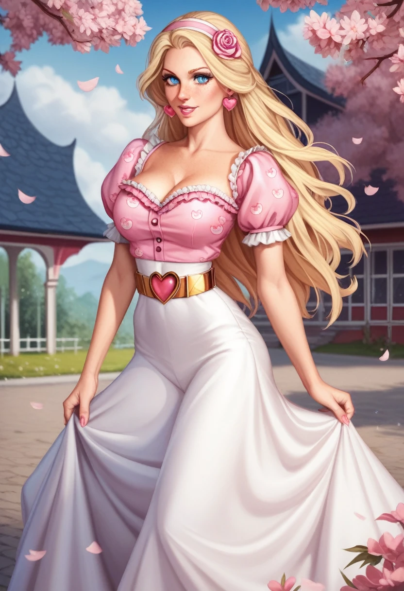 A beautiful sensual curvy blonde tween wearing a sweet Pink Contrast Mesh, Ruffle Hem, All Over cherry blossoms Print, A Line, Short puff Sleeves, Sweetheart neckline, thin gold belt with tiny heart buckle, High Waist,Flounce hem Long gown, very long curling hair, cute, sweet, town picnic, warm atmosphere, pretty, pretty lighting, 8k, octane render, detailed, detailed background, 35mm, realistic, photorealistic, perfect face, cherry blossoms barrettes in hair, freckles, risqué poses, ((American face)), American, ((Billie Eillish))