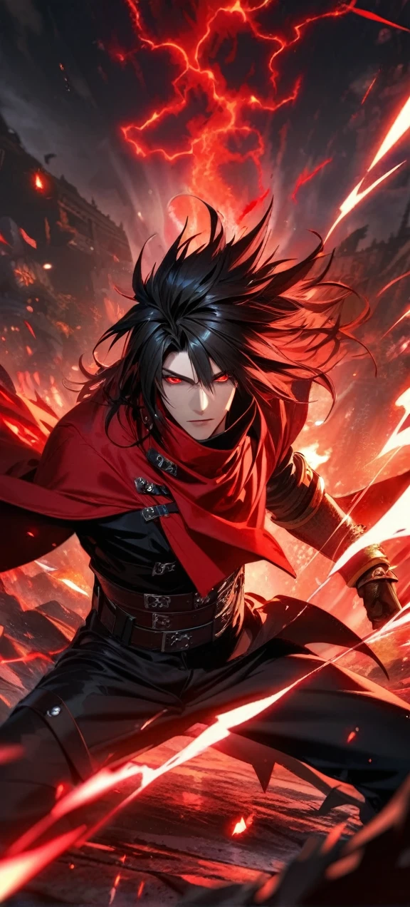 Symetrical,absurdres, highres, ultra detailed, HDR, masterpiece, extremely detailed face and eyes, Vincent Valentine,final fantasy 7,long black hair , , solo, man, handsome, ,, , Epic fight scene,red  lightning effect, glowing glitters, , red flames effect, red aura effect, red splashing