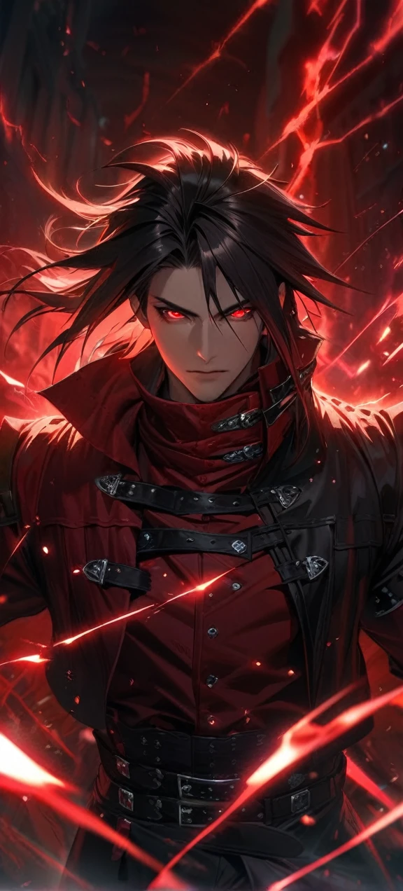 Symetrical,absurdres, highres, ultra detailed, HDR, masterpiece, extremely detailed face and eyes, Vincent Valentine,final fantasy 7,long black hair , , solo, man, handsome, ,, , Epic fight scene,red  lightning effect, glowing glitters, , red flames effect, red aura effect, red splashing