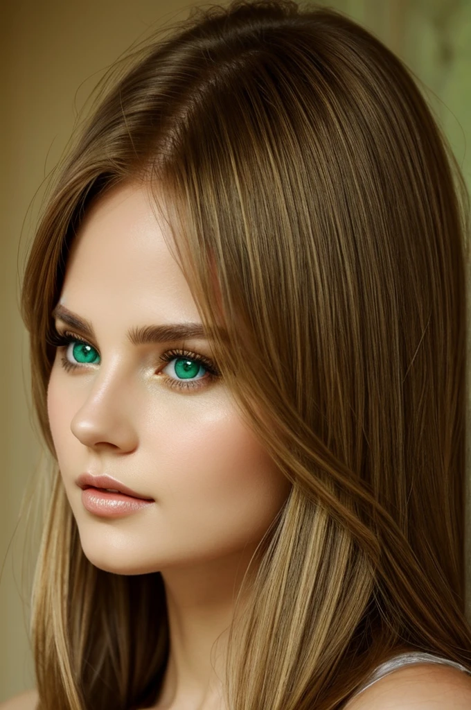 Very beautiful woman face with oval shape, light green eyes,full lips,long vawy light golden brown hair