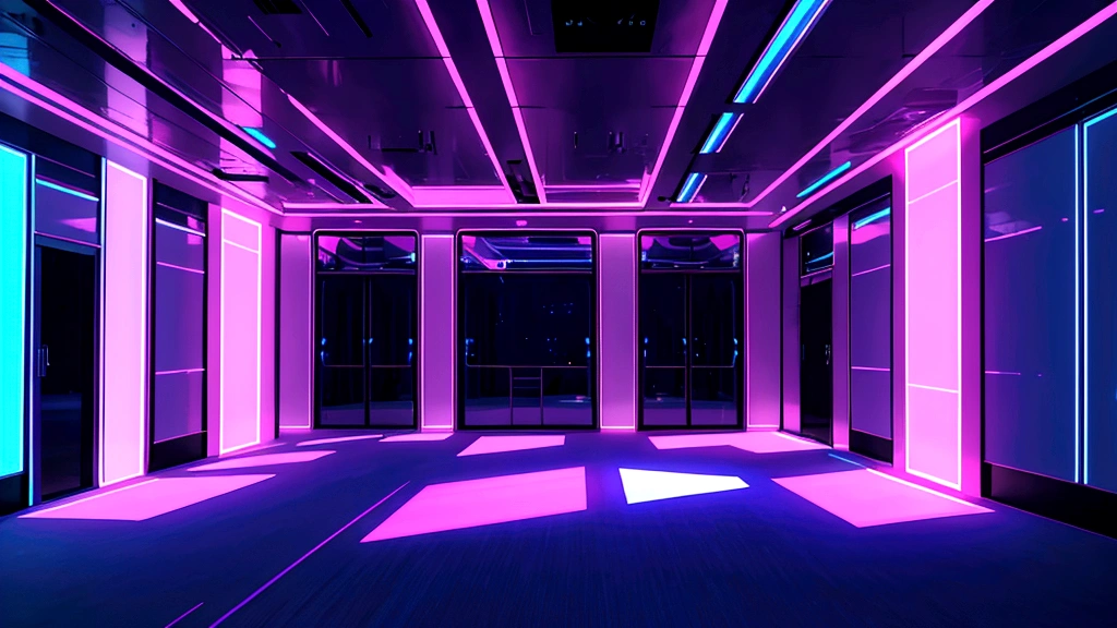 front view of a pearlescent rectangular room,dimly lit, pink and blue and purple dim neon light glow, super dark lighting