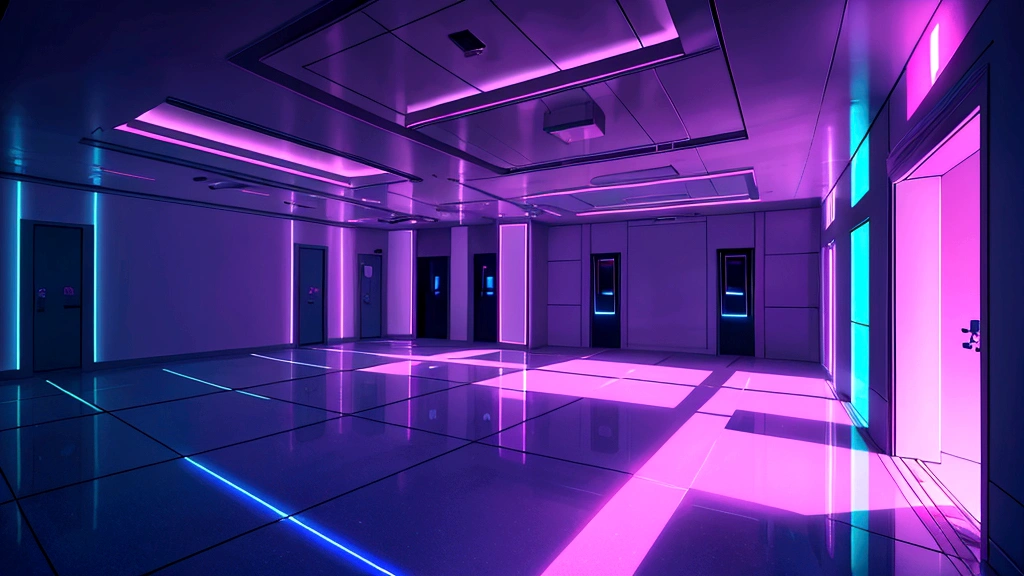 front view of a pearlescent rectangular room,dimly lit, pink and blue and purple dim neon light glow, super dark lighting