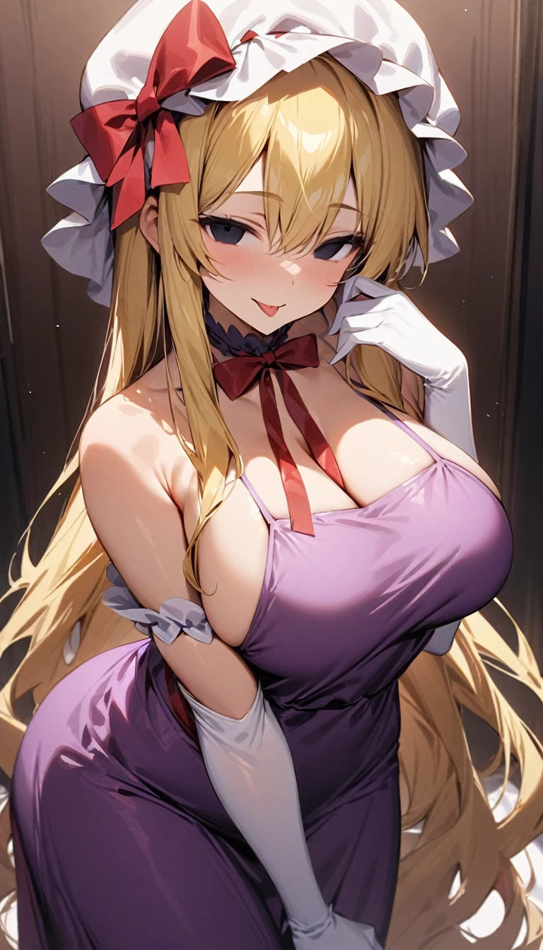 masterpiece, best quality, 1girl, solo, yakumo yukari, adult, white mob cap, blonde hair, (solid eyes), black eyes, ribbon, red bow, purple dress, bare shoulders, white elbow gloves, large breasts, looking at viewer, smile, licking, empty look