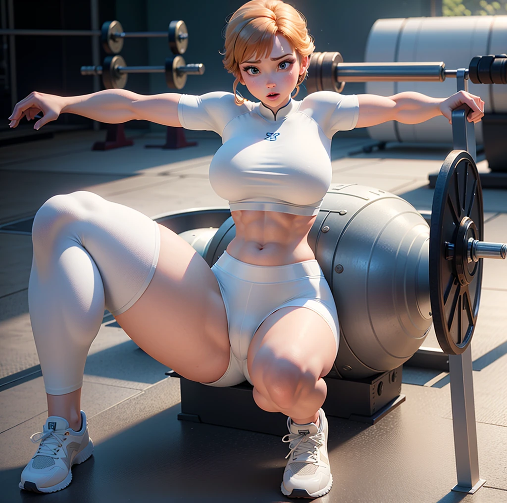Anna of Arendelle wearing white gym clothes, Breasts huge, large legs