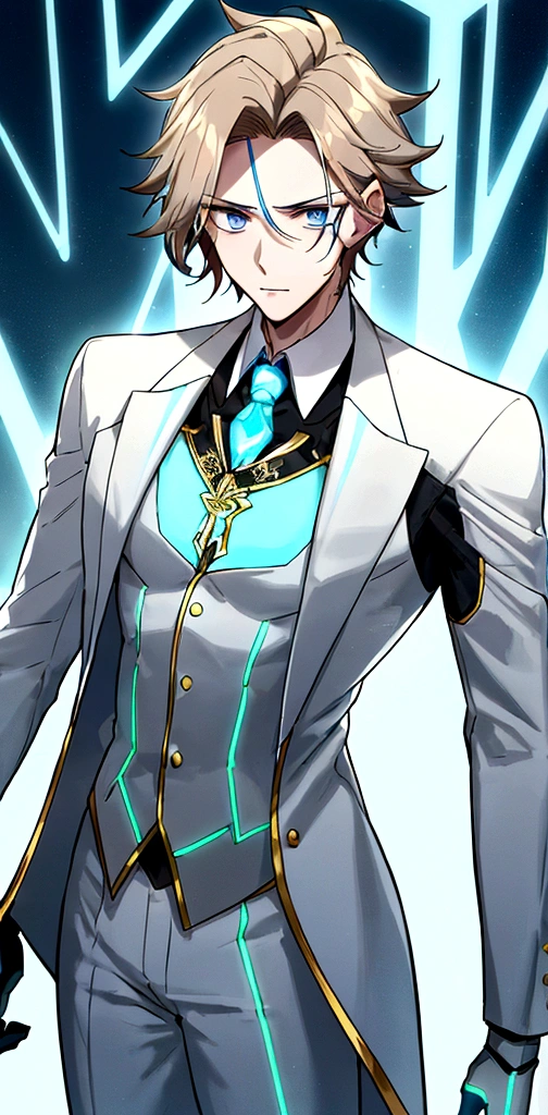 (masculine) (23 years) (a tall, slender young man with a muscular and toned body, His hair is light brown and is messy, covering his forehead., His eyes are blue and his skin is light-skinned..) (robotic body, fitted white suit with neon light blue details) (laboratory background)