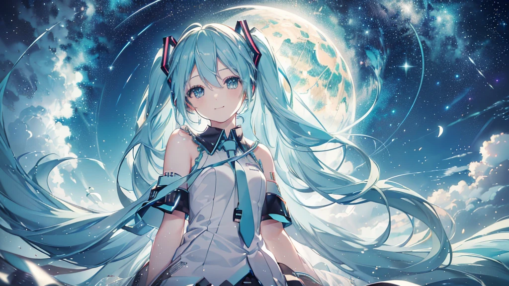 (Starry Sky), ((Beautiful eyes)), (((Hatsune Miku,The best smile))), (((Highest quality、masterpiece、Ultra-fine、Ultra-fine、Exquisite、16K、Full HD,))) 、Long eyelashes、White skin、(thin and long)、 ((cute)) ((One person)),Zoom out