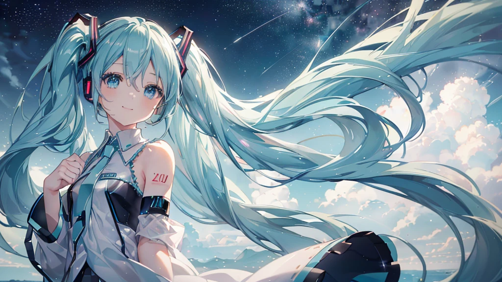 (Starry Sky), ((Beautiful eyes)), (((Hatsune Miku,The best smile))), (((Highest quality、masterpiece、Ultra-fine、Ultra-fine、Exquisite、16K、Full HD,))) 、Long eyelashes、White skin、(thin and long)、 ((cute)) ((One person)),Zoom out