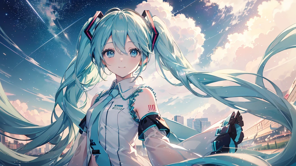 (Starry Sky), ((Beautiful eyes)), (((Hatsune Miku,The best smile))), (((Highest quality、masterpiece、Ultra-fine、Ultra-fine、Exquisite、16K、Full HD,))) 、Long eyelashes、White skin、(thin and long)、 ((cute)) ((One person)),Zoom out