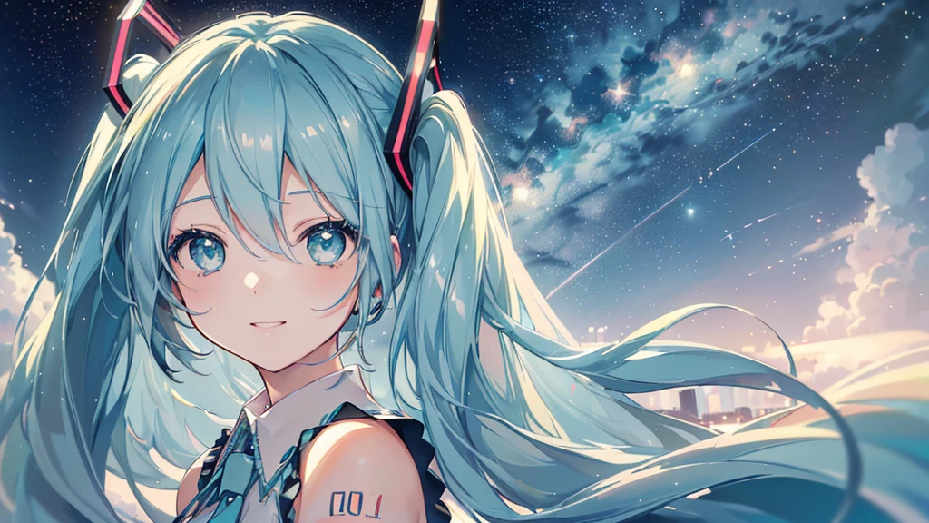 (Starry Sky), ((Beautiful eyes)), (((Hatsune Miku,The best smile))), (((Highest quality、masterpiece、Ultra-fine、Ultra-fine、Exquisite、16K、Full HD,))) 、Long eyelashes、White skin、(thin and long)、 ((cute)) ((One person)),Zoom out