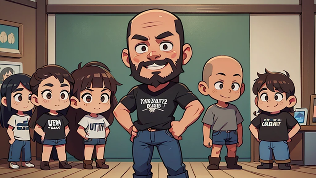 ultra hd, solo, chibi, bald man, tall lean, brown eyes, no hair on head, full black beard on face, wearing a gray t-shirt and jeans with cowboy boots standing, half smiling