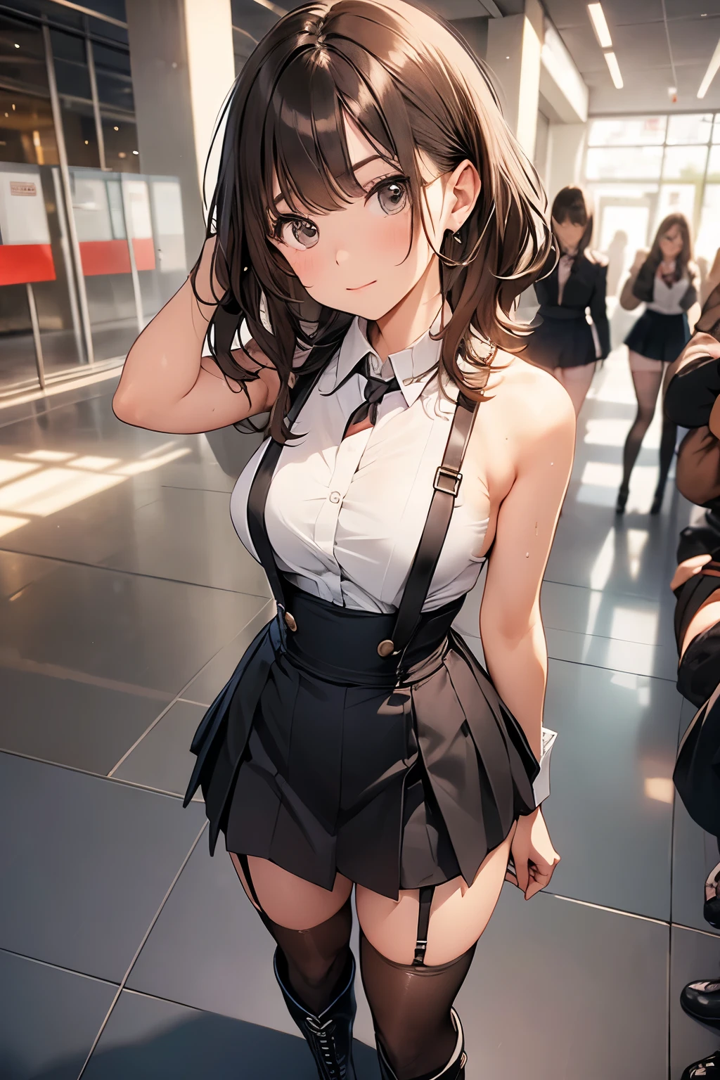Brown Hair、Looking at the audience suspenders bulging big breasts Black mini skirt garter belt Knee-high socks sight Small face bangs beauty Show your hand sight Black boots Taunt Armpit sweat One person Put your hands behind your back Dress shirt Panty shot