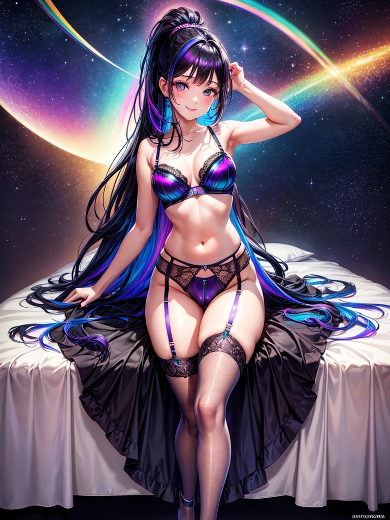 Highest quality,Highest Resolution,４K quality,Smiling beautiful girl,Full body close-up,Starry Eyes,Black hair ponytail,,Iridescent Bra,Iridescent underwear,High leg,Rainbow garter belt,Rainbow colored knee-high stockings,Dark bedroom at night,Purple bedding,Iridescent underwear,Standing posture,