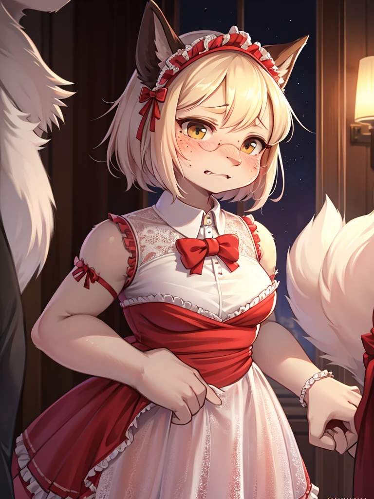 ugly face female , (Freckles on face:0.9) , Ugly expression , shy geek , perfect beautiful body , elegant Frilly Too much exposed skin party dress , clothed erotica