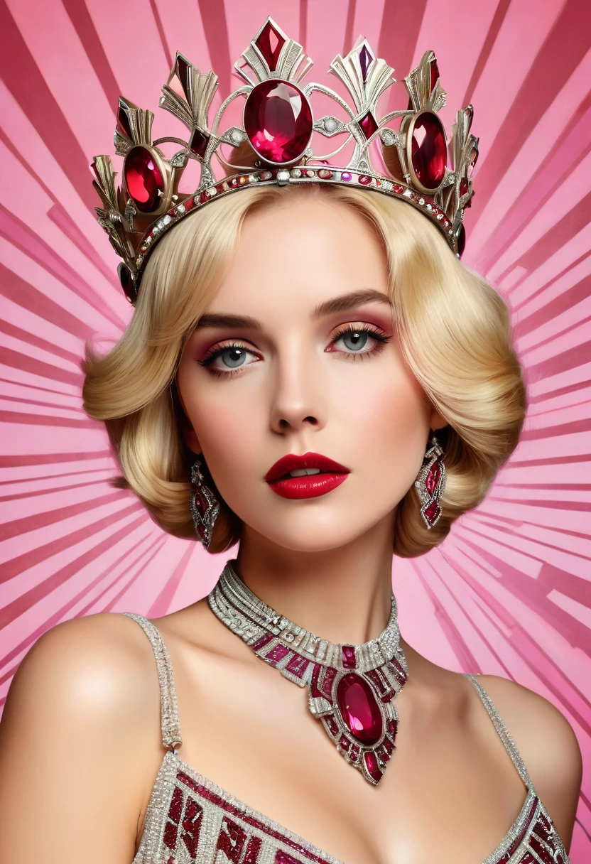 blonde woman with a crown decorated with art deco rubies, in pop art style, beautiful details, sharp quality