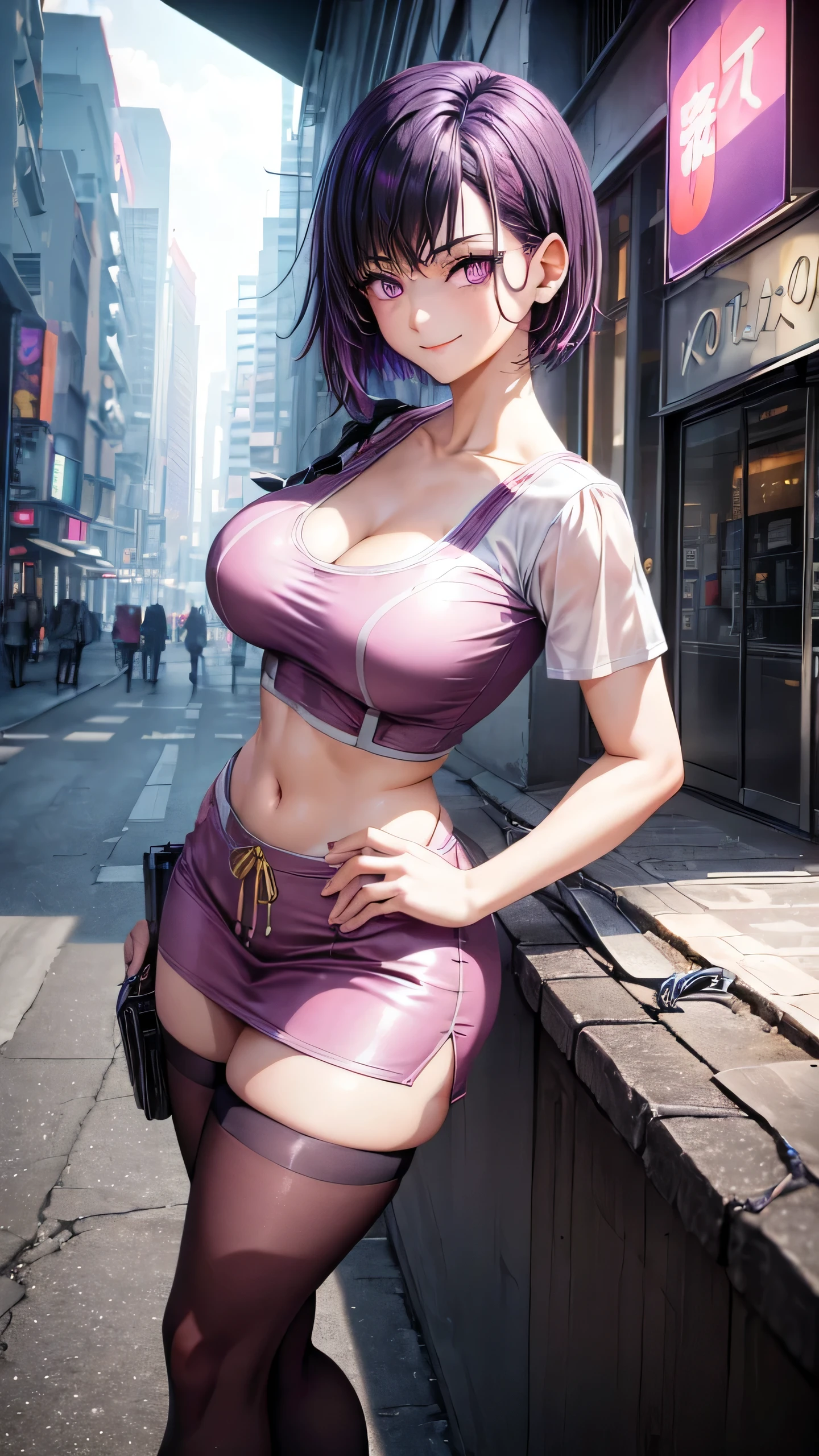 1 girl, 19 years old, short purple hair, purple eyes with slit pupils, master-piece, best quality, (standing up), (white buttoned crop blouse), (tight short sleeve white crop blouse, black pencil mini skirt, cleavage),  (Big , ultra gigantic , Super super big, Glamorous body), Make eye contact with the camera, front figure, looking forward, (light_Smile:1.5), (Detailed hands and fingers:1.2) (Cyberpunk City), (FULL BODYSHOT), thighs thighs thighs thighs、beauty legs、Bare legs