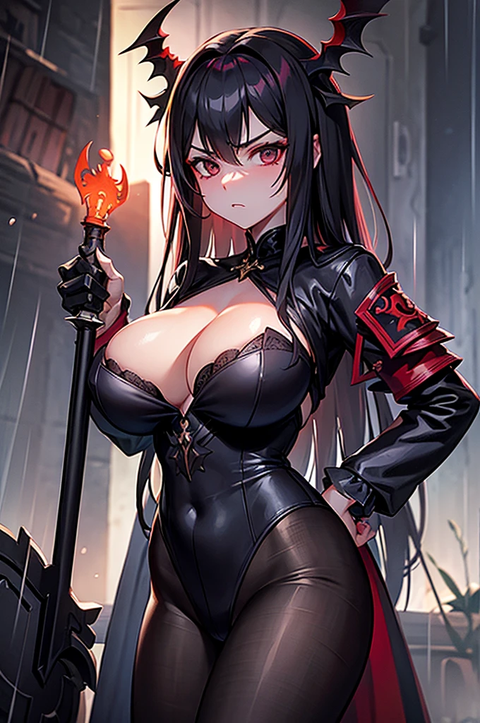 CovenSL, Ablaze, magie, mask, NinymGP, hair ornament, best qualityer, work of art, high resolution,breasts big,look of hatred,raining in the background,holding an iron sword