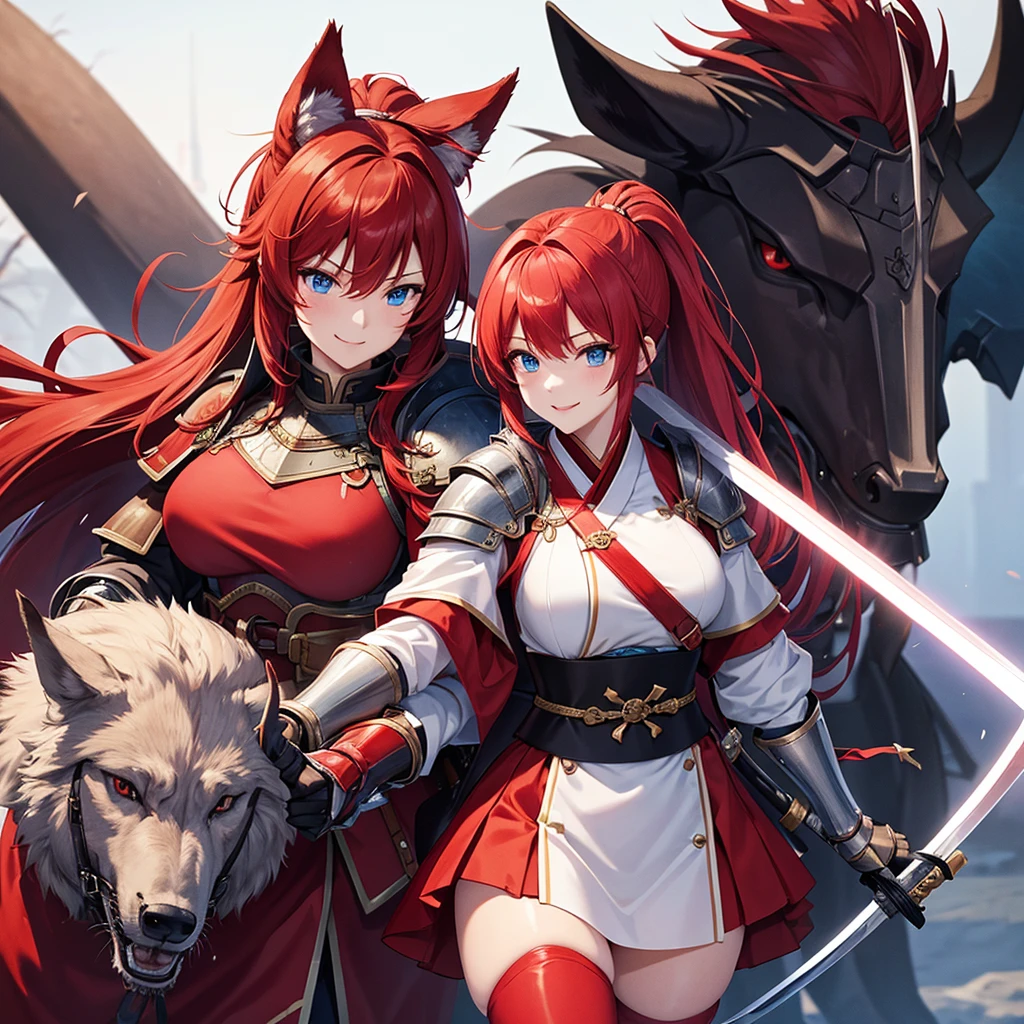 (masterpiece)、high resolution、21-year-old beauty、Red hair in a ponytail、blue eyes、female knight in red armor、An inappropriate smile、Holding a Japanese sword、With a big wolf by his side。